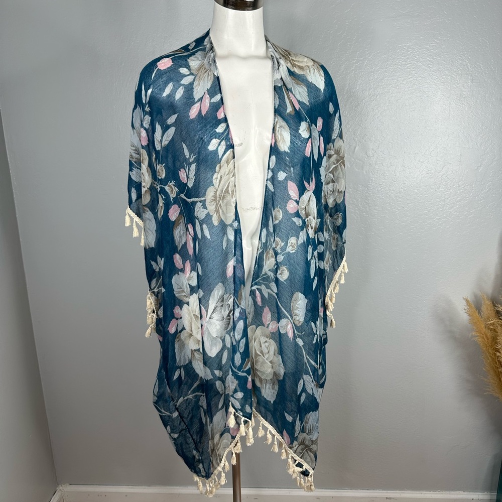 Riah Fashion Cardigan Open Front Lightweight Floral Tasseled Cover Up One Size